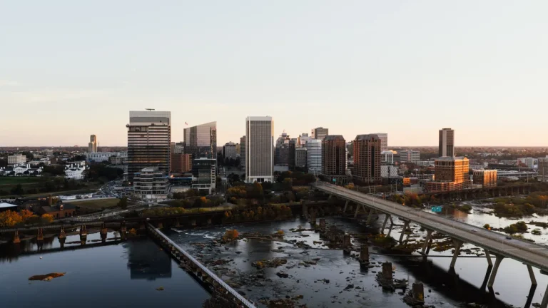Aerial view capturing the vibrant skyline of downtown Richmond, Virginia at sunset