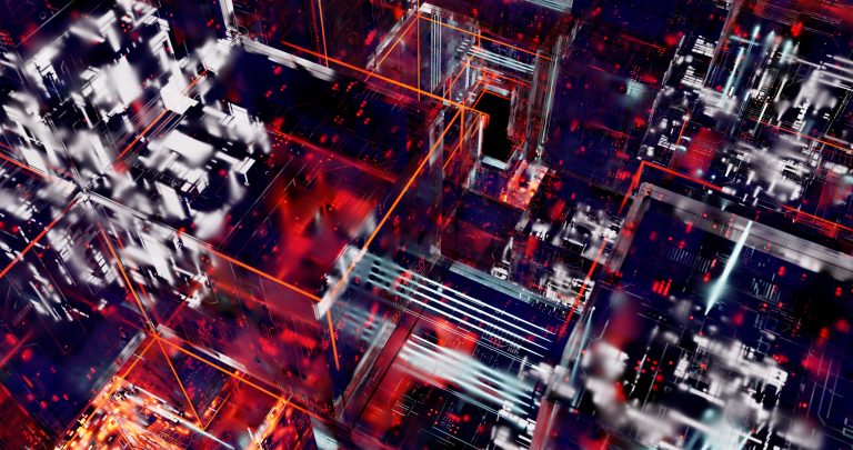 Dynamic abstract depiction of digital circuits with vivid lights and glowing lines