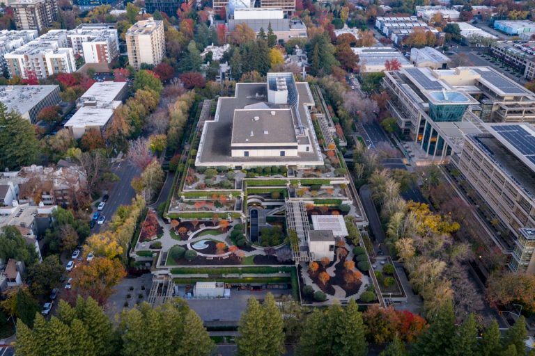 Aerial view of an office complex in Sacramento, California during fall with colorful foliage