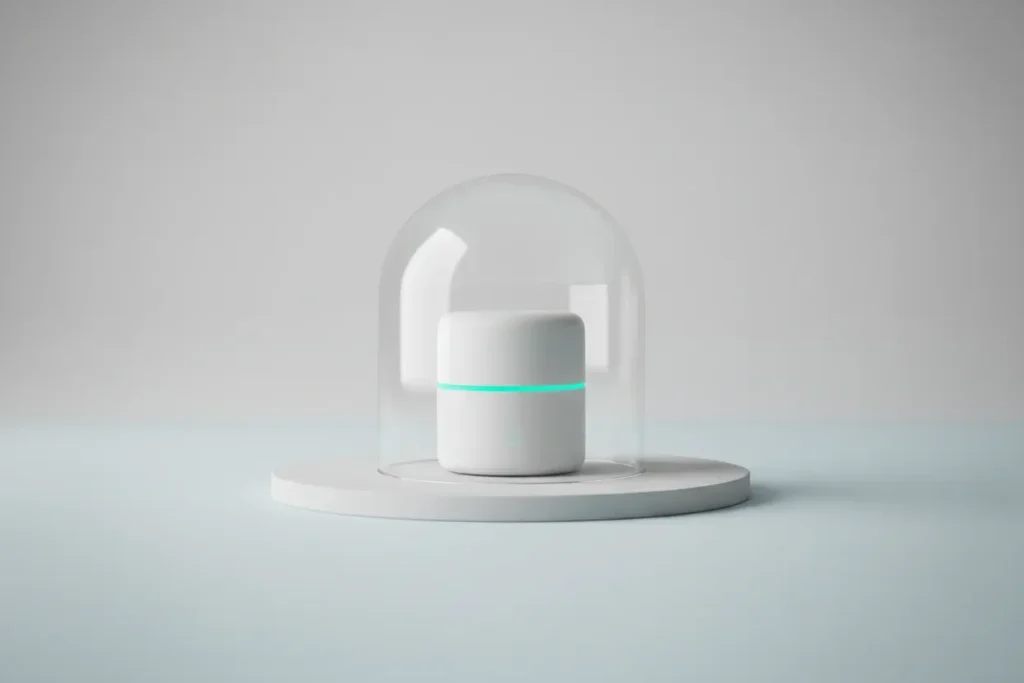Smart home hub under a clear glass dome on a neutral background, symbolizing IoT privacy protection.