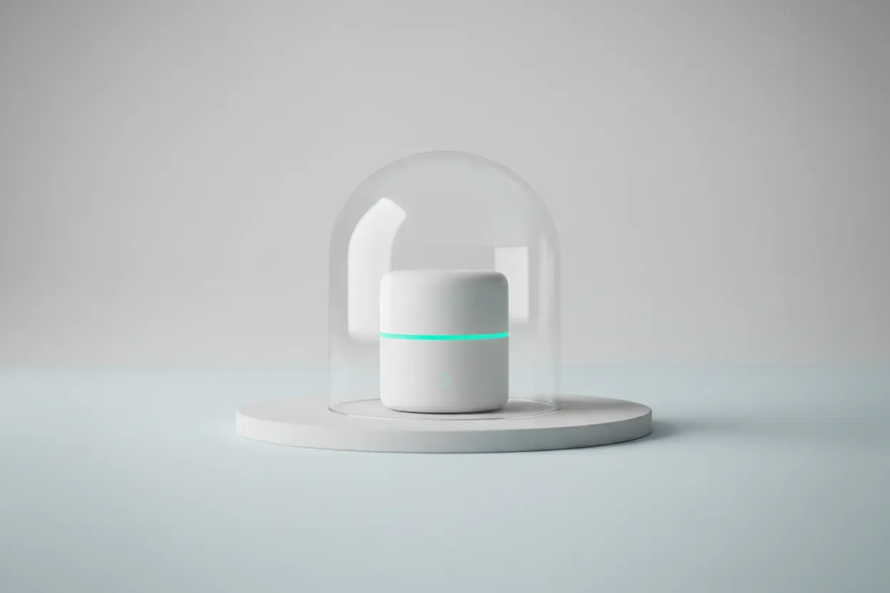 Smart home hub under a clear glass dome on a neutral background, symbolizing IoT privacy protection.