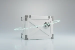 Sealed aid supply crate with tamper-proof smart seal and translucent blockchain node ring on a soft gray background.