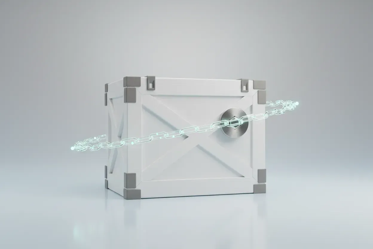 Sealed aid supply crate with tamper-proof smart seal and translucent blockchain node ring on a soft gray background.