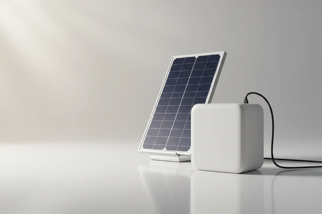 Sleek home battery connected to a single solar panel on a soft gray background