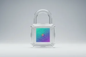 Transparent crystal padlock encasing a vibrant geometric art tile on a soft gray background, symbolizing blockchain protection for creators' IP.