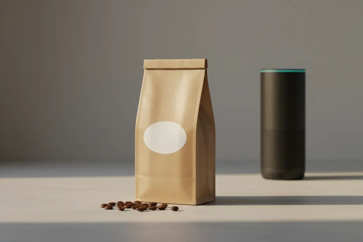Coffee bag on a clean table with a softly glowing smart speaker in the background, suggesting IoT-driven product discovery.