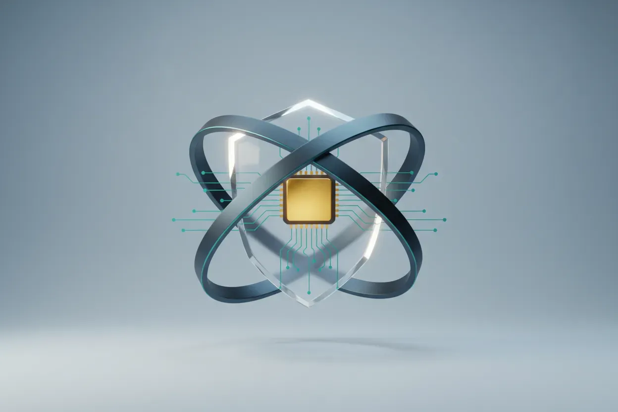 Translucent shield with embedded microchip, encircled by integrating rings on a soft gradient background, symbolizing secure identity integration.