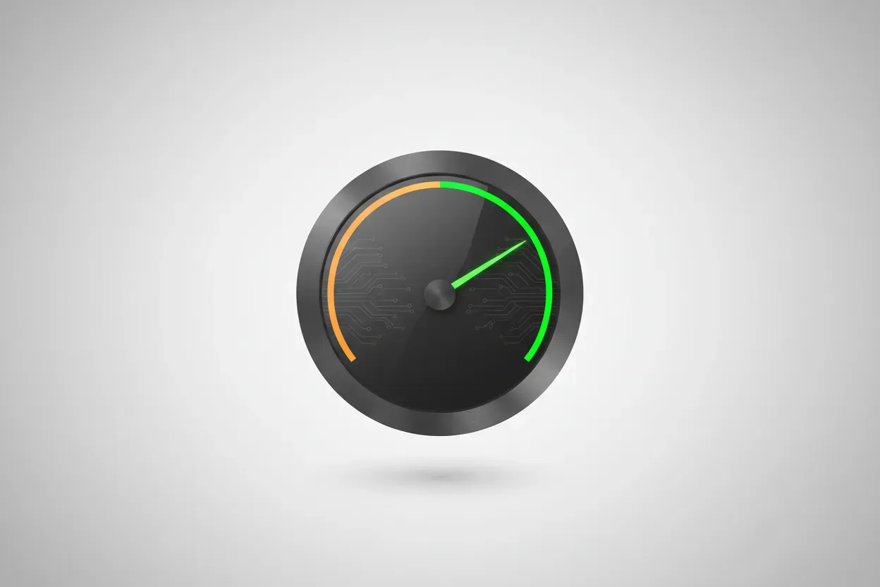 Minimal circular KPI gauge with green needle rising on soft gray background, circuit-pattern face, symbolizing digital ROI measurement.