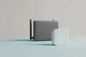 Minimalist smart plug near Wi‑Fi router with a glowing link, symbolizing easy pairing during IoT setup.