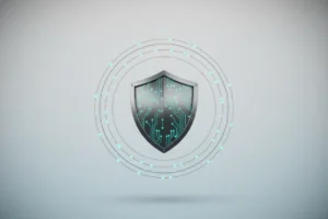 Central shield with circuit pattern and orbiting data rings on a soft gradient, symbolizing staying current in digital identity management.