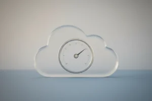 Translucent cloud with an embedded optimization gauge, needle centered, on a soft neutral gradient background.