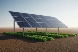 Elevated solar panel array shading neat crop rows under a soft sky, illustrating agrivoltaic sustainable farming.