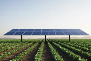 Elevated solar panel shading crop rows under a soft sky, depicting agrivoltaics for sustainable energy and farming.
