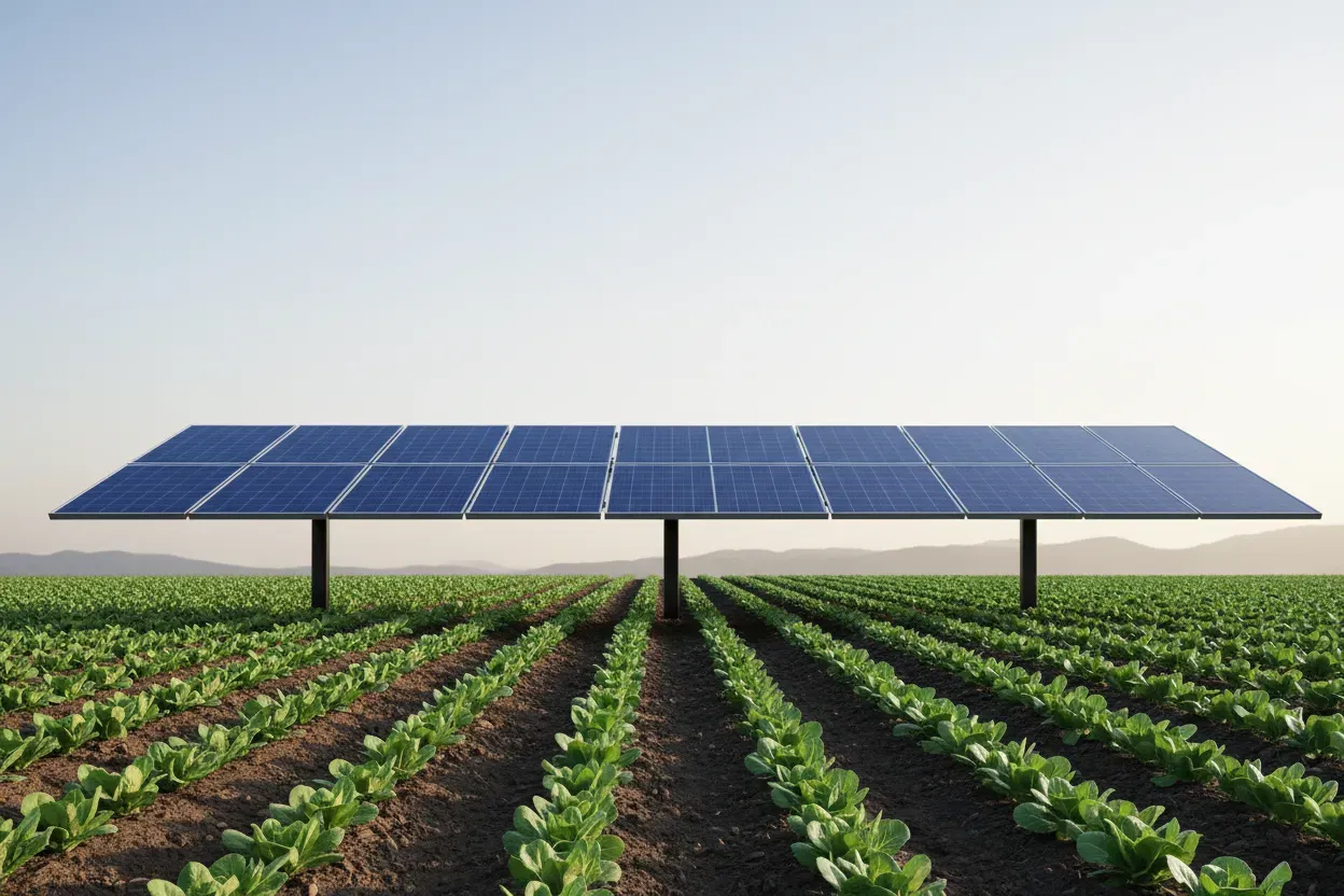 Elevated solar panel shading crop rows under a soft sky, depicting agrivoltaics for sustainable energy and farming.