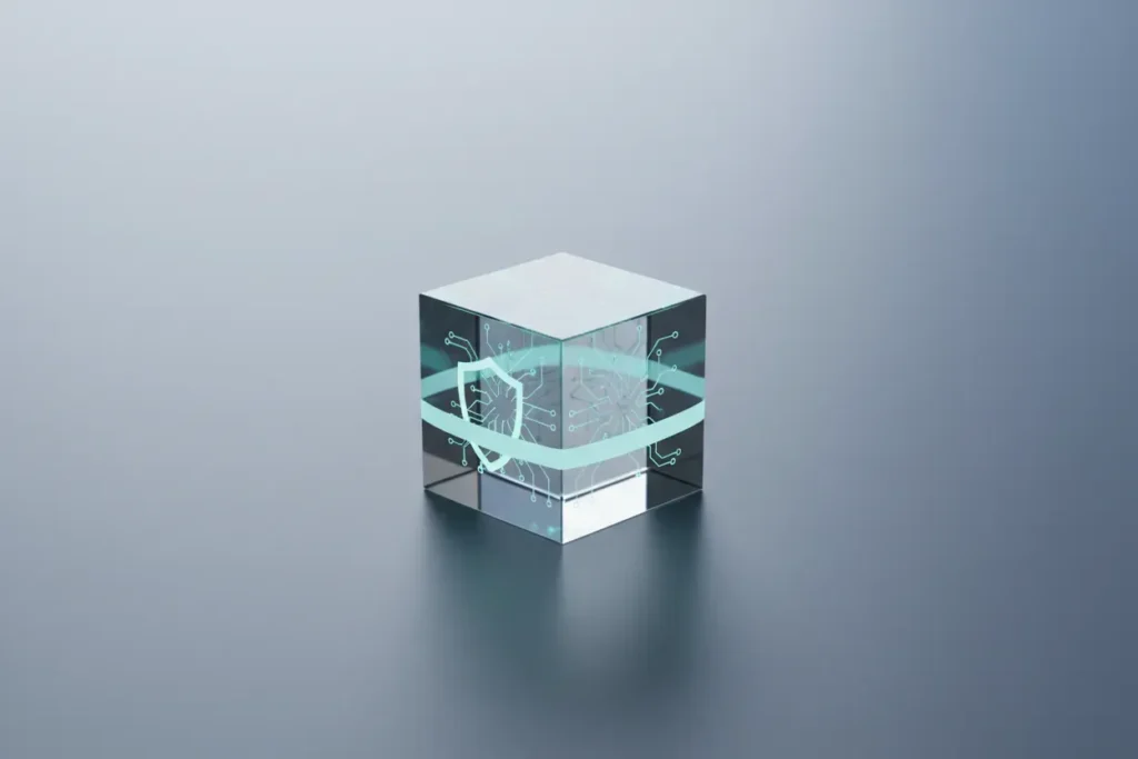 Transparent cube with embedded circuits and a subtle shield, centered on a soft blue gradient background.