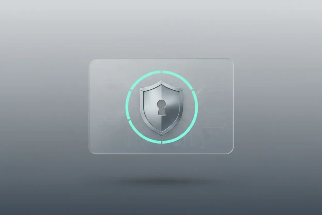 Floating digital ID card with central lock and a glowing segmented ring, symbolizing granular access control on a soft gradient background.