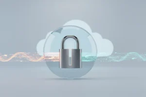Steel padlock with translucent shield filtering a glowing data stream toward a cloud on a soft gradient background.