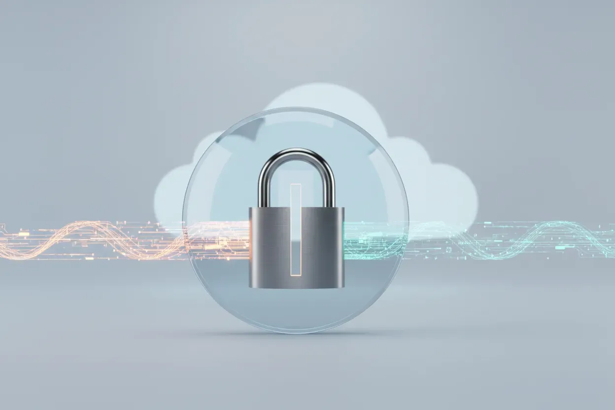 Steel padlock with translucent shield filtering a glowing data stream toward a cloud on a soft gradient background.