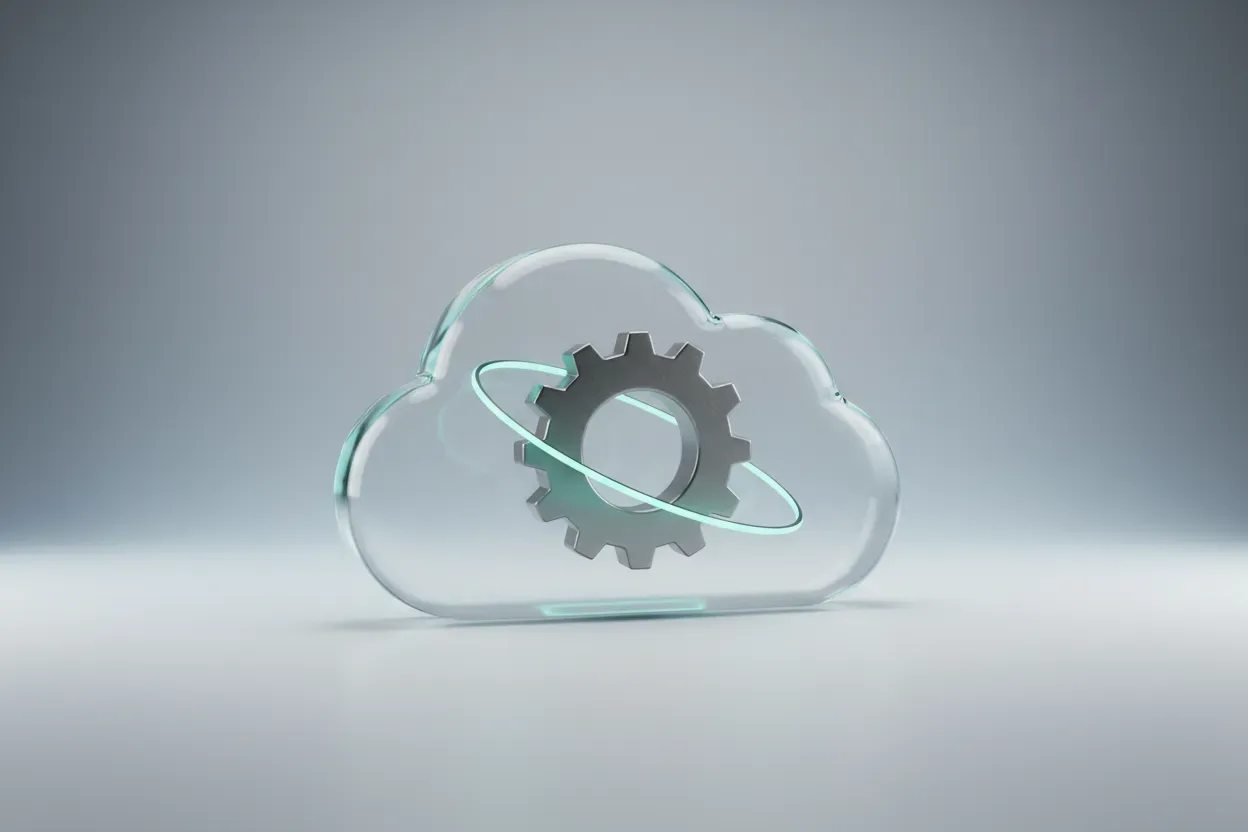 Glass cloud with a single steel gear and a glowing orbit ring on a soft gray-blue background.