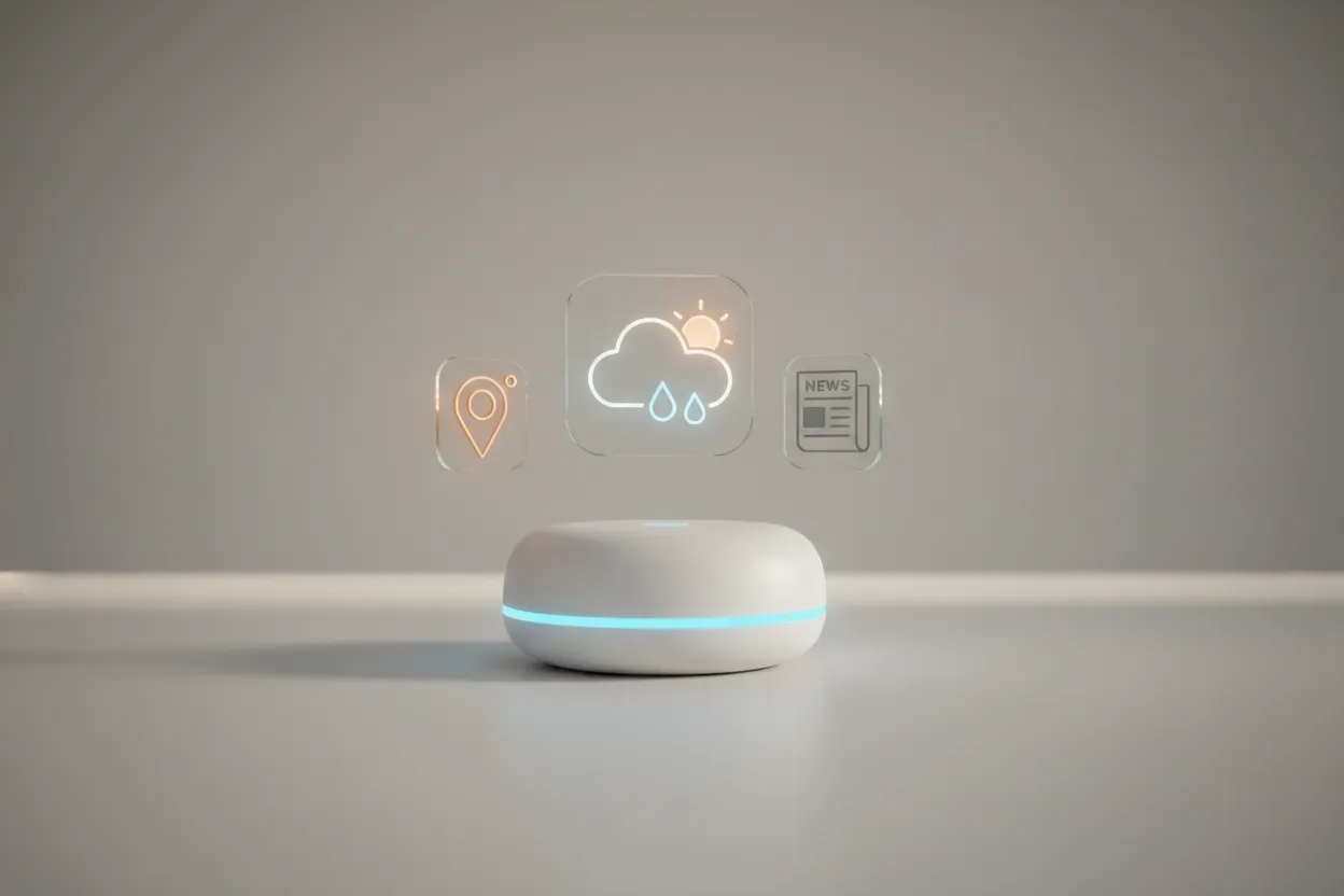 Minimalist smart home hub with floating icons for weather, local events, and news on a neutral background.