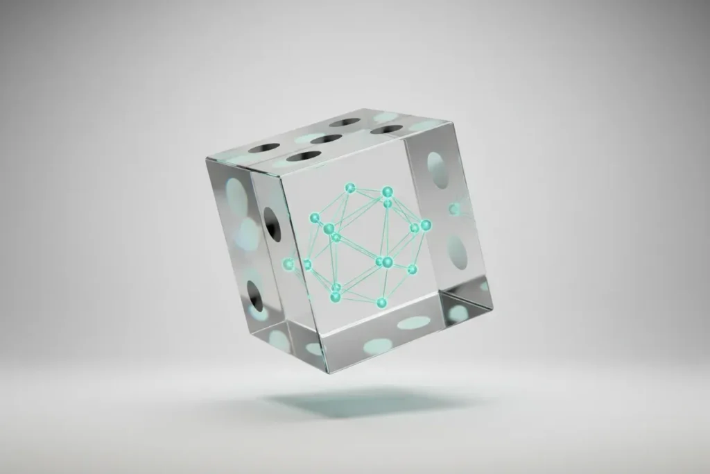 Translucent die with glowing blockchain network inside on a soft background, symbolizing provably fair game randomness.