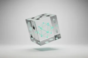 Translucent die with glowing blockchain network inside on a soft background, symbolizing provably fair game randomness.