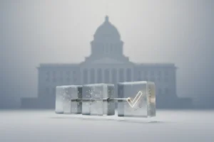 Linked glass blocks symbolizing blockchain before a faint government building on a soft gradient background.