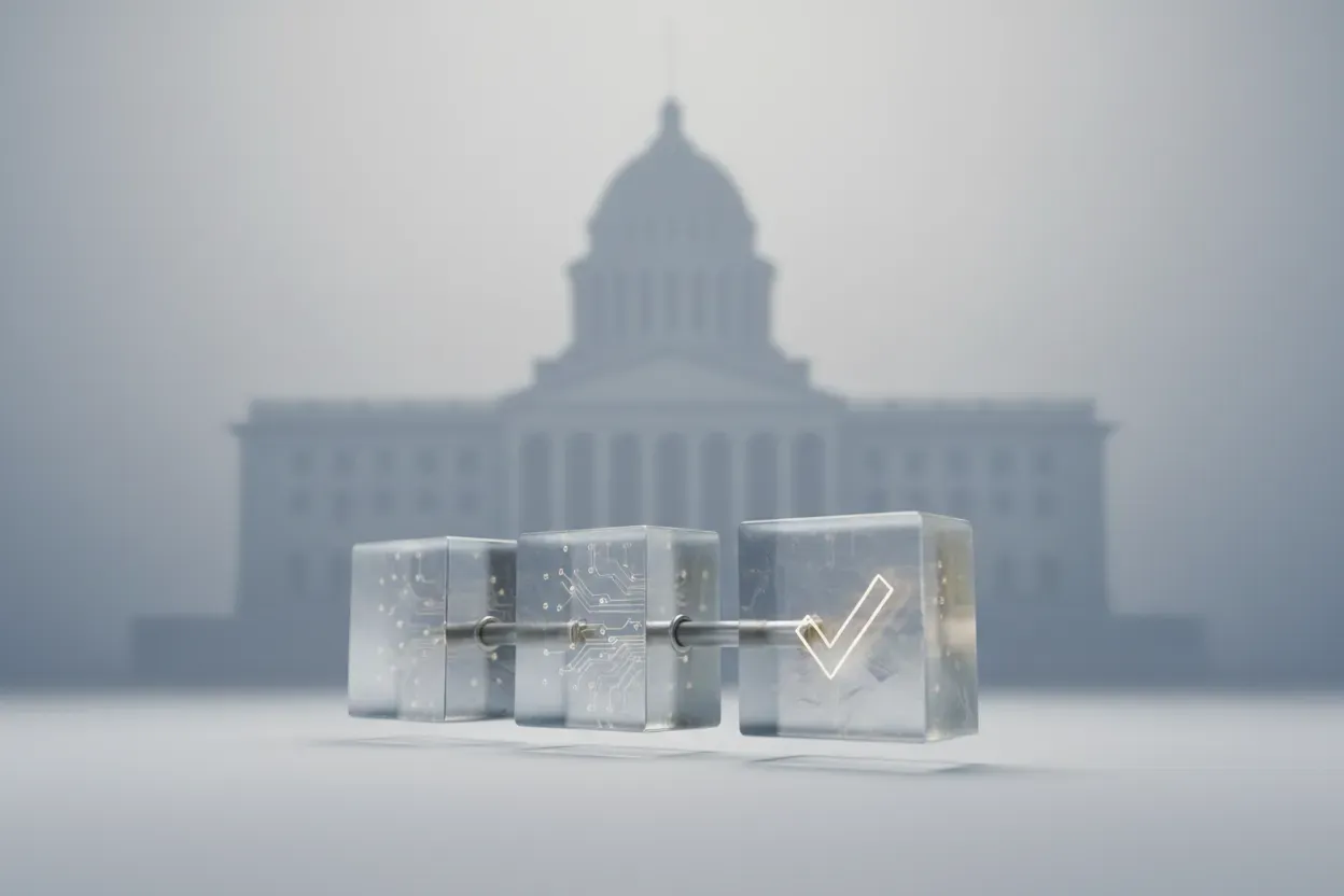 Linked glass blocks symbolizing blockchain before a faint government building on a soft gradient background.