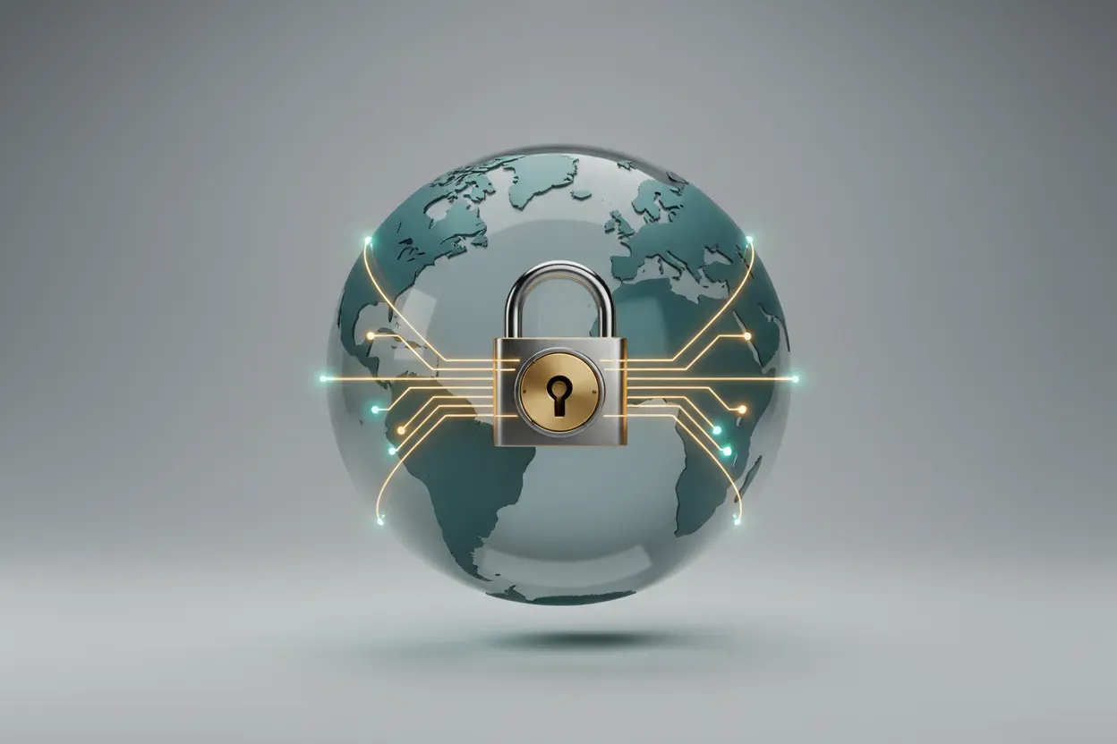 Translucent globe with embedded padlock and circuit lines, symbolizing secure, interoperable digital identity worldwide.