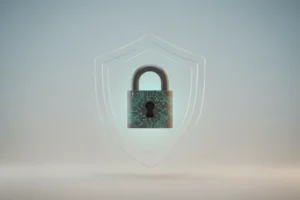 Layered translucent shield around a circuit-pattern padlock on a soft gradient, symbolizing compliant digital identity protection.