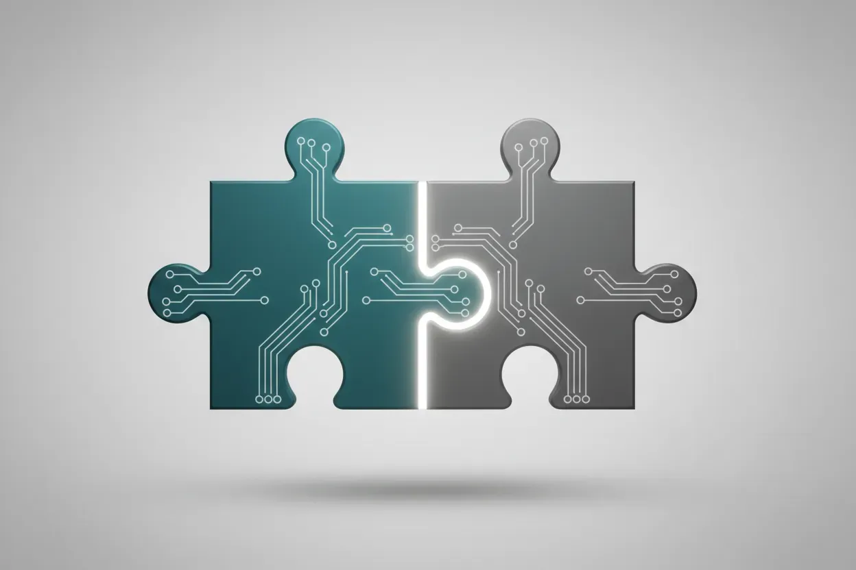 Two interlocking puzzle pieces with seamless circuit patterns on a soft gradient background, symbolizing an effective tech partnership.