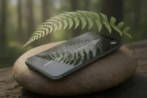 Smartphone on a smooth stone shows an AR outline identifying a fern, set against a softly blurred forest background.