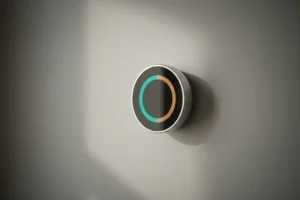 Smart thermostat on a neutral wall glowing softly, representing technology to reduce energy use at home or work.