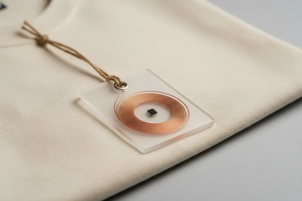 Close-up of a transparent clothing tag with NFC/RFID coil on a folded beige shirt, set against a soft gray background.