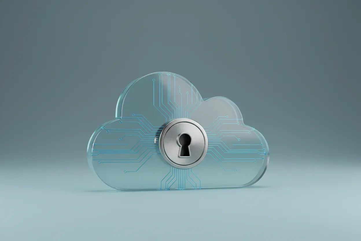 Translucent cloud-shaped lock with a central keyhole on a soft gradient background, symbolizing cloud security and IAM.