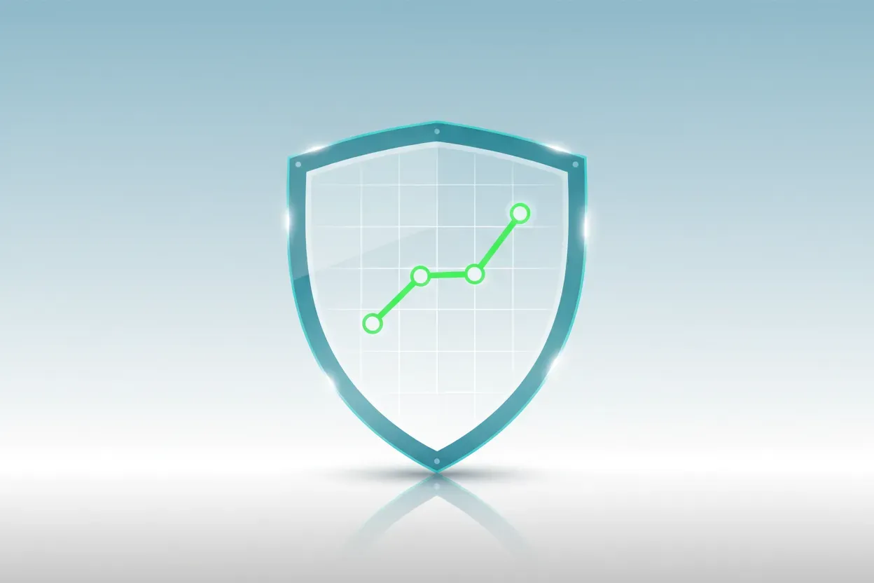 Translucent shield with an upward green line graph on a soft gradient background, symbolizing ROI gains from identity management.