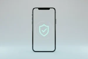 Minimalist smartphone on soft gradient background showing a glowing shield with a checkmark, symbolizing streamlined identity verification.