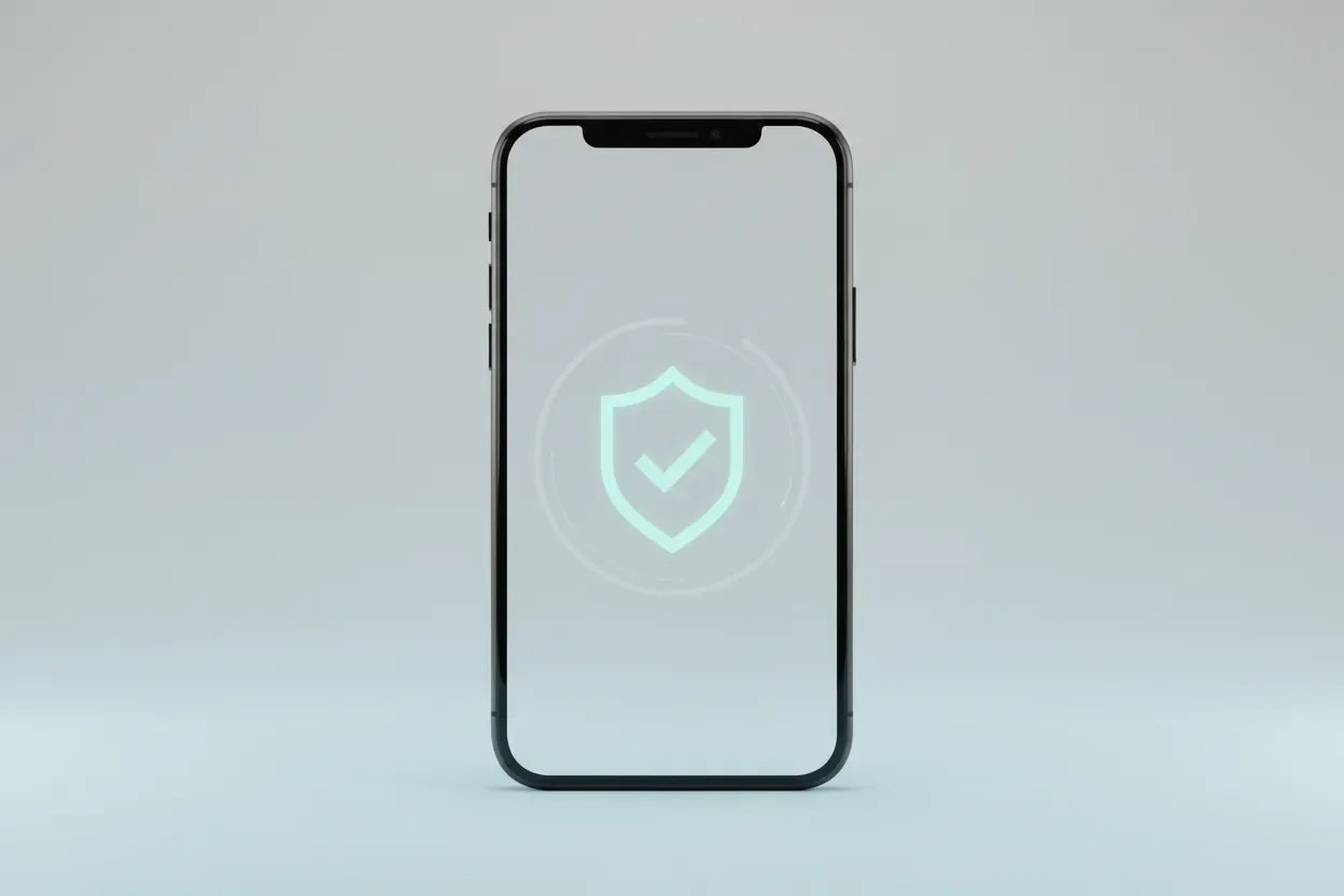 Minimalist smartphone on soft gradient background showing a glowing shield with a checkmark, symbolizing streamlined identity verification.