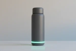Minimalist smart water bottle with soft LED ring glowing on a neutral background, symbolizing IoT habit tracking and motivation.