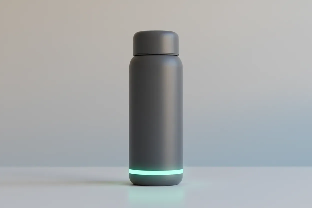 Minimalist smart water bottle with soft LED ring glowing on a neutral background, symbolizing IoT habit tracking and motivation.