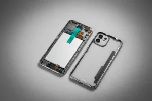 Opened smartphone on soft gray background with a new battery installed, symbolizing repair to extend device lifespan.