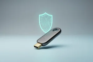 Sleek hardware security key on a soft gradient background with a subtle glowing shield, symbolizing passwordless digital identity.
