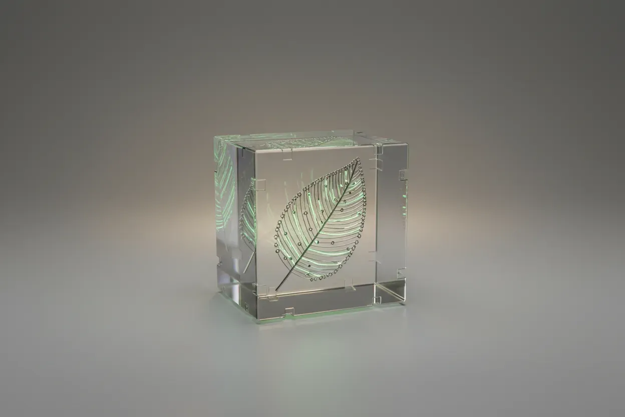 Translucent glass cube with a circuit-leaf emblem on a soft gray background, symbolizing blockchain for environmental and social impact.
