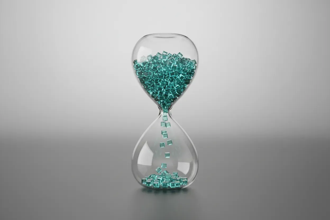 Glass hourglass with tiny cubes jammed at the neck, symbolizing blockchain transaction bottlenecks.