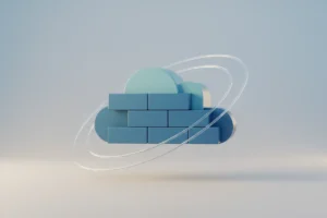 Minimal 3D cloud built from modular blocks with a subtle ring, on a soft gradient background, symbolizing scalable, resilient architecture.