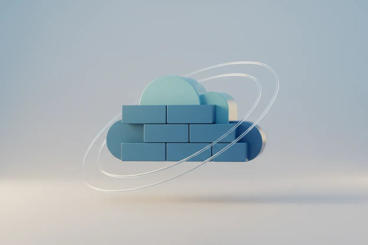 Minimal 3D cloud built from modular blocks with a subtle ring, on a soft gradient background, symbolizing scalable, resilient architecture.