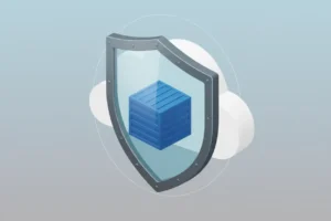 Glass shield encasing a single blue container cube over a soft cloud, symbolizing secure containerized apps in the cloud.