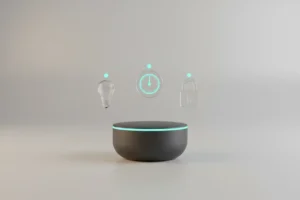 Minimal smart home hub with glowing ring orchestrating light, thermostat, and lock icons on a soft neutral background.