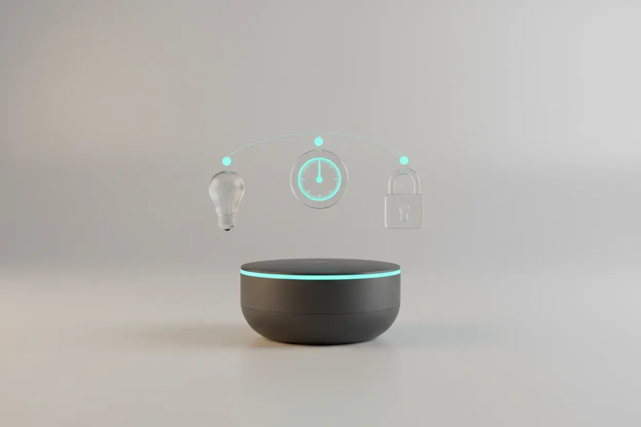 Minimal smart home hub with glowing ring orchestrating light, thermostat, and lock icons on a soft neutral background.