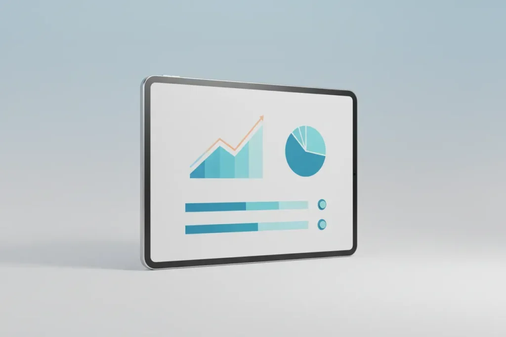 Tablet displaying a text-free analytics dashboard with charts and progress bars on a soft gradient background.
